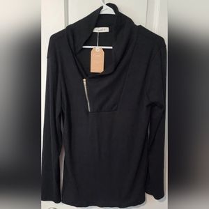 Cyanstyle Black Zip Collar Long Sleeve Shirt Size M